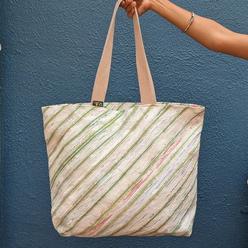 White with Multicolored Stripes Waste Plastic Wrappers Upcycled Handwoven Beach Bag (BB0424-003)