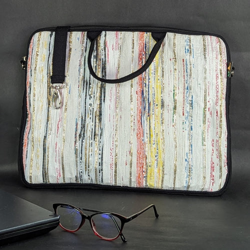 White with Multicolored Stripes Waste Plastic Wrappers Upcycled Handwoven Laptop Sleeves 16 inches (LSB160324-108)