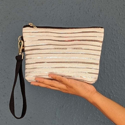 White with Silver Brown Stripes Waste Plastic Wrappers Upcycled Handwoven Wrist It (WI0424-001)