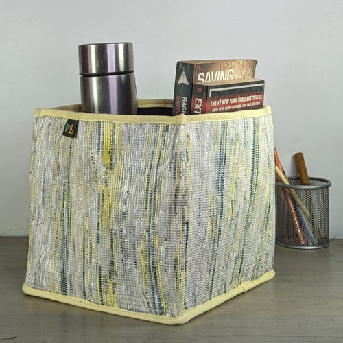 Yellow White Green Waste Plastic Wrappers Upcycled Handwoven Collapsible Storage Basket Medium (CSBM0424-008) PS_W