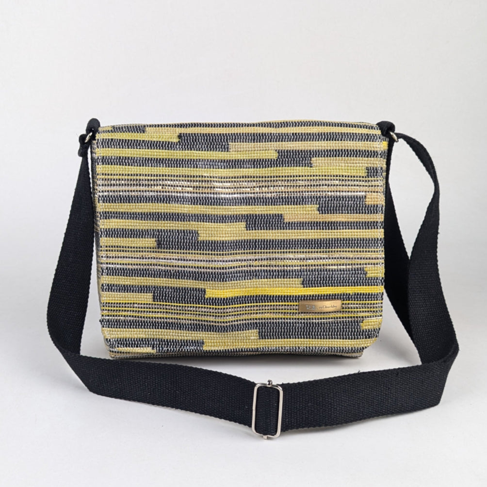 Yellow Black Stripes Upcycled Handwoven Designer Messenger Bag (MBD0325-004) PS_W