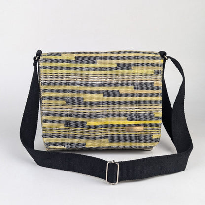 Yellow Black Stripes Upcycled Handwoven Designer Messenger Bag (MBD0325-004) PS_W