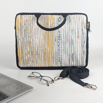 Yellow SIlver Stripes Upcycled Handwoven Laptop Sleeves 14 inches (LSB140225-015) PS_W