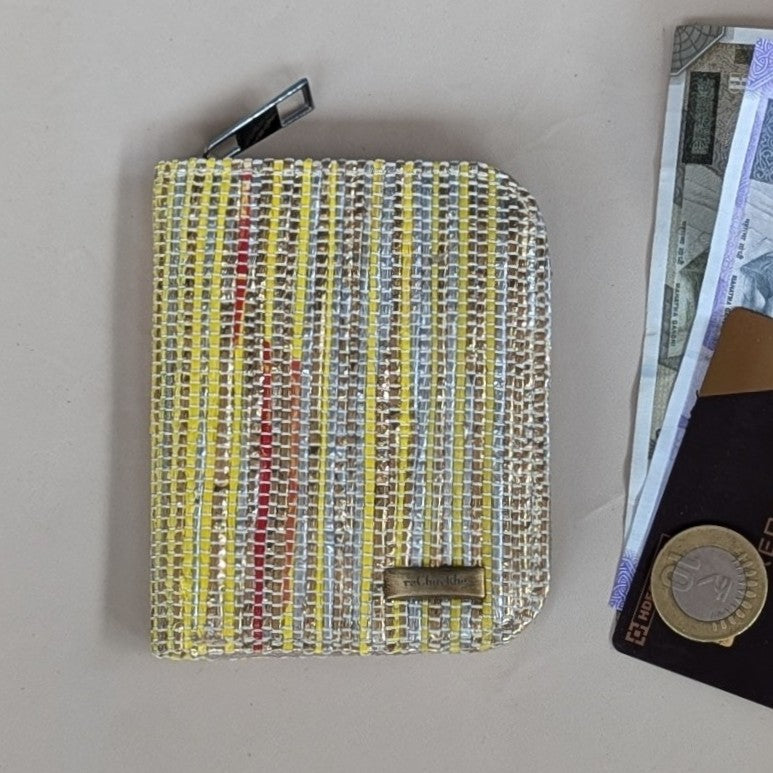 Yellow Shimmery Golden Red Striped Upcycled Handwoven D Wallet (DW1224-020) PS_W