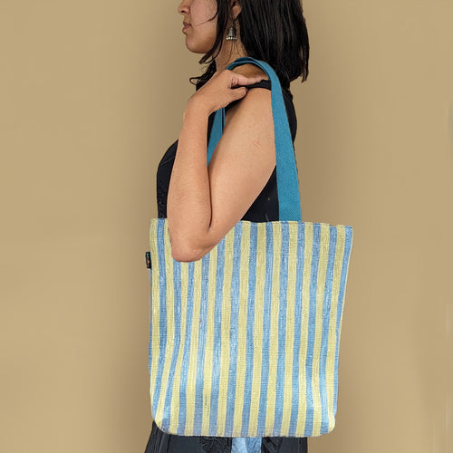 Yellow and Blue Striped Waste Plastic Wrappers Upcycled Handwoven Shop N Go (SNG0524-006)