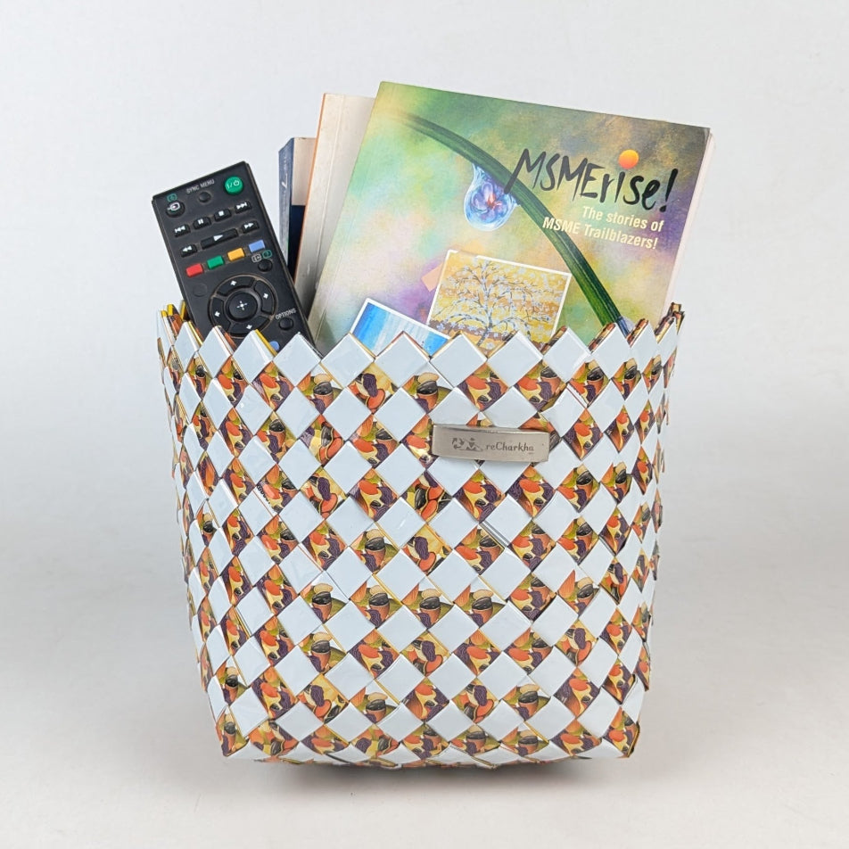Yellow and White Checks Pattern Large Basketry Deco Storage (BDSL0325-007) PS_W