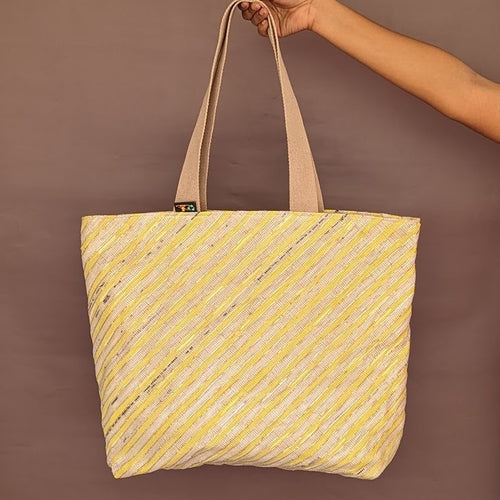 Yellow and White Waste Plastic Wrappers Upcycled Handwoven Beach Bag (BB0424-030) PS_W