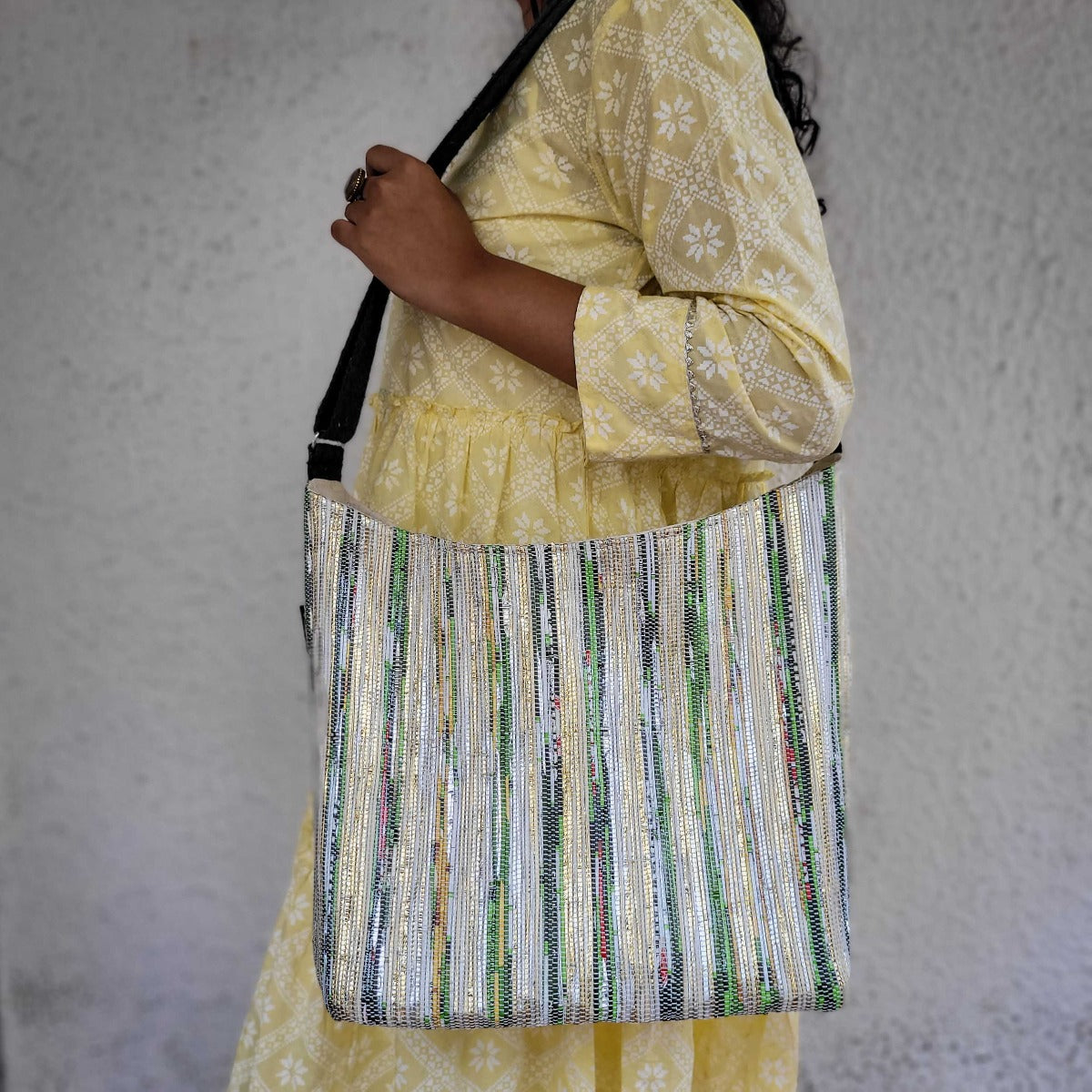 reCharkha Upcycled Handwoven Recycle Livelihoods Handcraft Eclipse Jhola Everyday Bag Shopper Bag Ethically Tribal Made in India Pune Warli Tribe Handloom Refash Trash Fash Waste EcoSocial Upcyclers Conscious Fashion Upcycled slow Trending Swadeshi Weave Textile