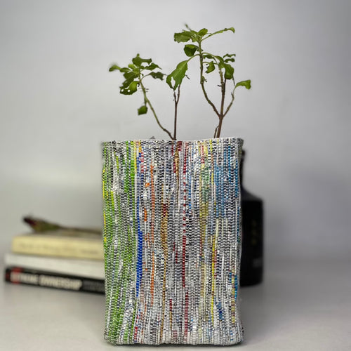recharkha upcycled handwoven grow pot planters handmade from  waste cassette tapes plastic wrappers and plastic bags in India