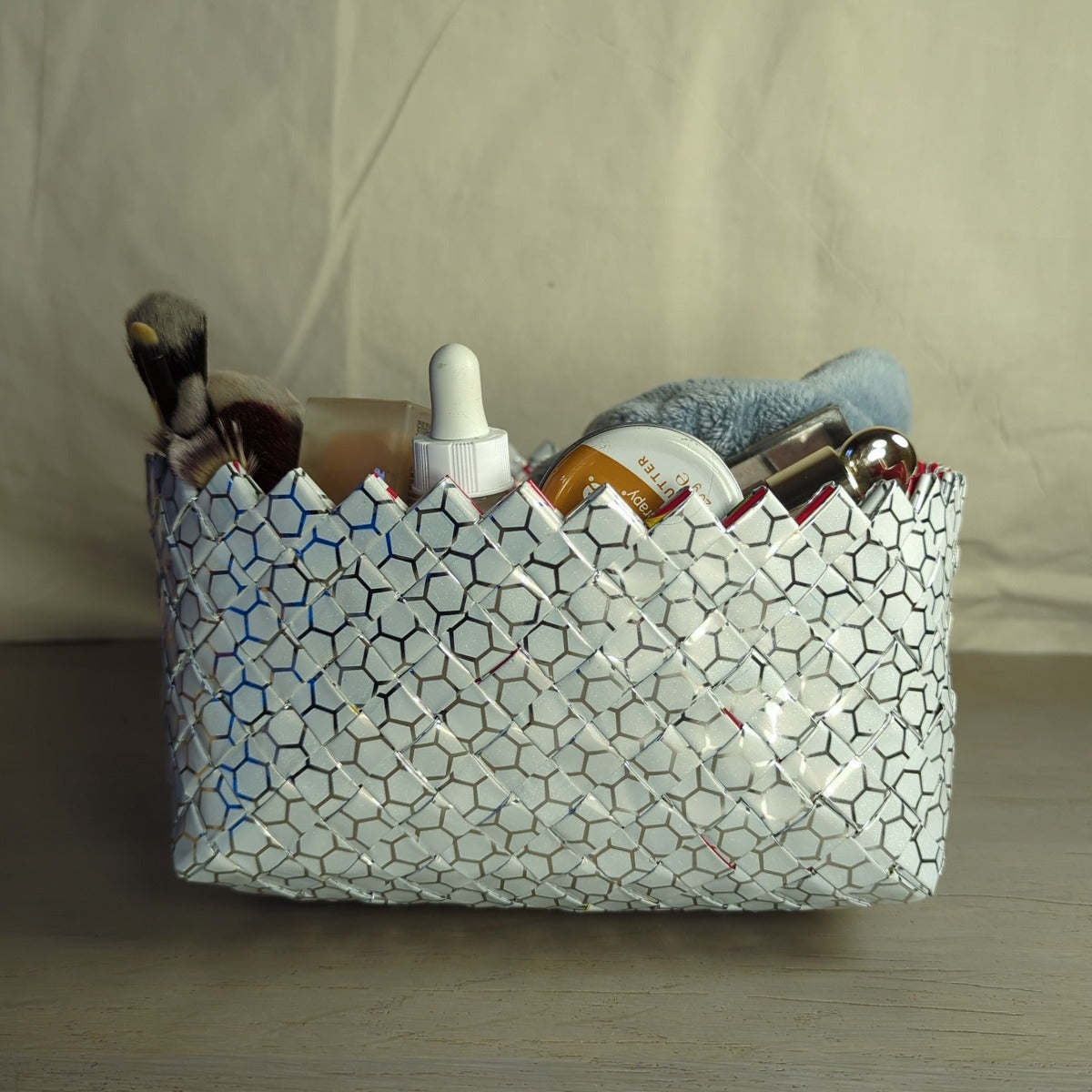 Basketry Deco Storage upcycled from thick plastic bags and wrappers in india by recharkha Ecosocial