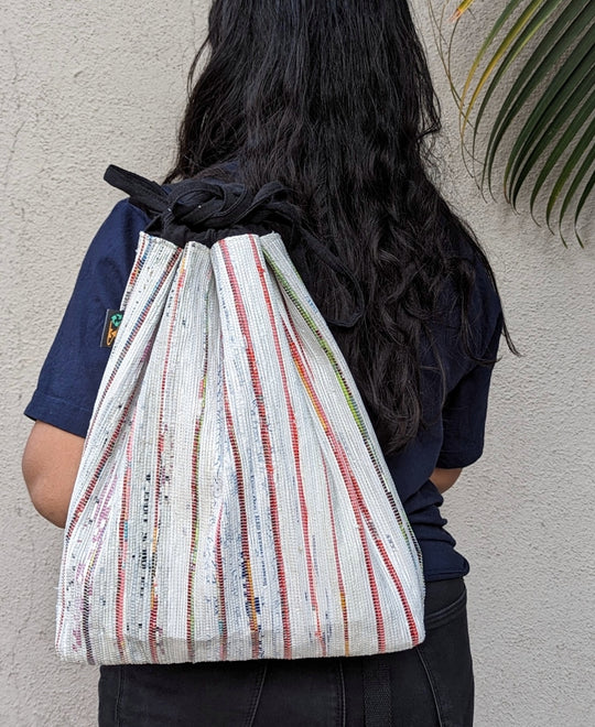 (NLBP0124-111) White with stripes of shades or red Upcycled Handwoven Light Backpack