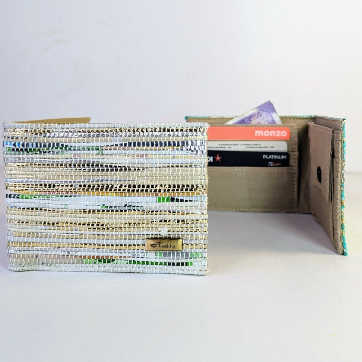 recharkha upcycled handwoven Wallet handmade from waste plastic bags gift, packaging Amazon wrappers and cassette tapes
