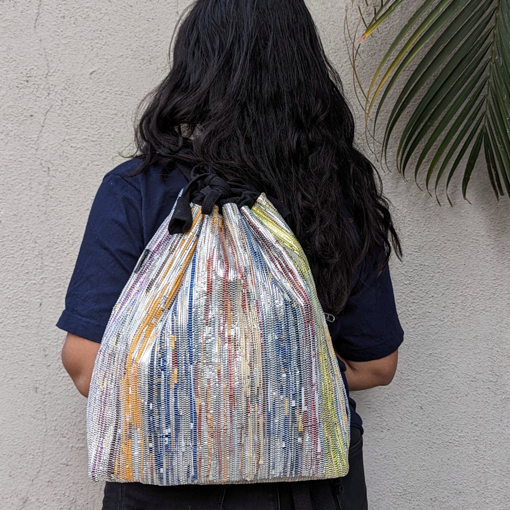 (NLBP0124-119)  Multi colored with silver shimmer Upcycled Handwoven Light Backpack