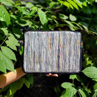 Tablet Sleeve/Office And School reCharkha Upcycled Handwoven Recycle Livelihoods Handcraft Ethically Tribal Made in India Pune Warli Tribe Handloom Refash Trash Fash Waste EcoSocial Upcyclers Conscious Fashion Upcycled slow Trending Swadeshi Weave Textile Sleeves Sustainable