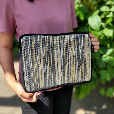 Tablet Sleeve/Office And School reCharkha Upcycled Handwoven Recycle Livelihoods Handcraft Ethically Tribal Made in India Pune Warli Tribe Handloom Refash Trash Fash Waste EcoSocial Upcyclers Conscious Fashion Upcycled slow Trending Swadeshi Weave Textile Sleeves Sustainable
