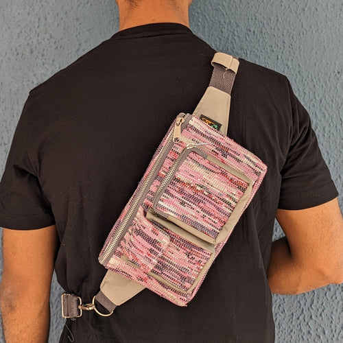 (BTP0324-107) Pink and Grey Mix color Upcycled Handwoven Belt Pack