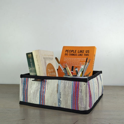(CSBS0324-104) Red and Blue Lines on Clear watery Plastic Upcycled Handwoven Collapsible Storage Basket Small