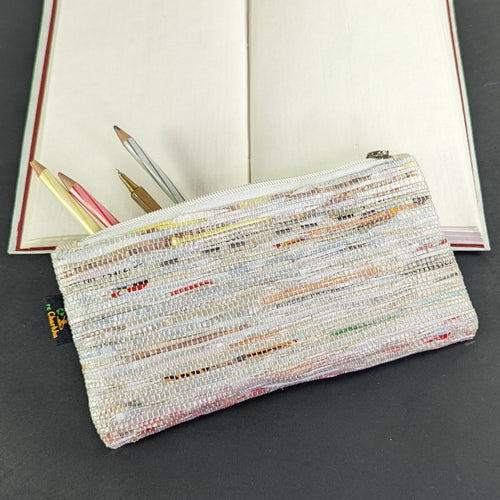 Clear Plastic with Light Shades of Colors Upcycled Handwoven Pencil Pouch 