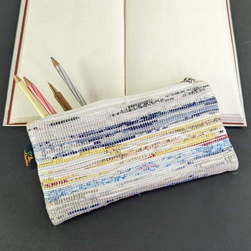 (PP0324-105) Shades of Blue and Yellow on White Upcycled Handwoven Pencil Pouch