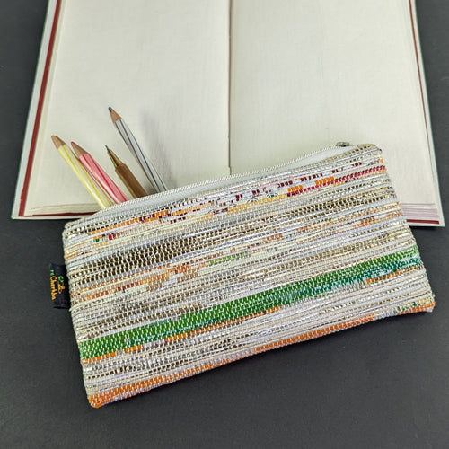 (PP0324-120) Golden Glitter with GreenBand and Orange Tinge Upcycled Handwoven Pencil Pouch