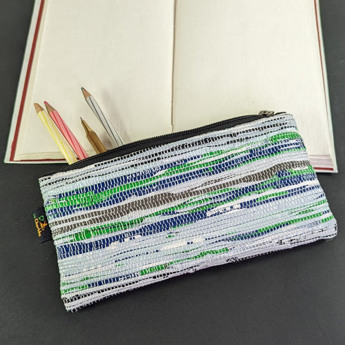 (PP0324-134) Amazon Wrappers with Green Brown Blue Tinge Upcycled Handwoven Pencil Pouch