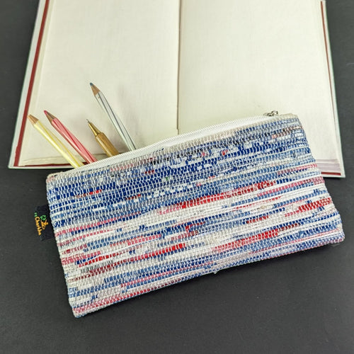(PP0324-135) Blue White with Red Tinge Upcycled Handwoven Pencil Pouch