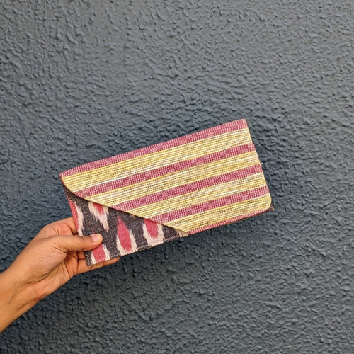 Pink and Golden Stripes with Ikkat Lining Upcycled Handwoven Clutch It (CI0324-105)
