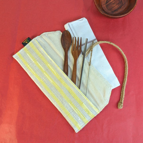 Yellow White Stripes Upcycled Handwoven Cutlery Kit (CK0324-110)