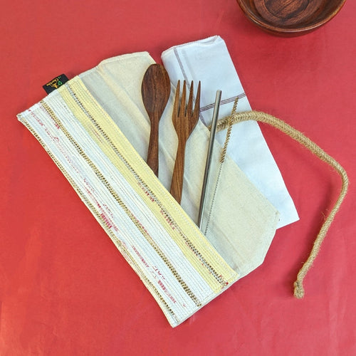 Yellow White with Golden Thin Stripes Upcycled Handwoven Cutlery Kit (CK0324-100)
